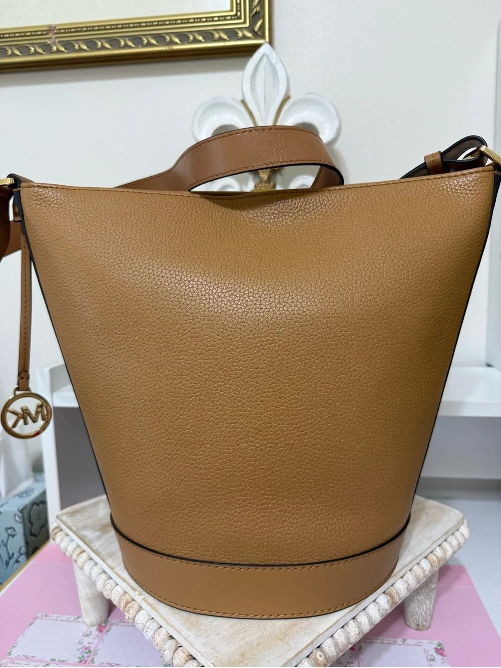 Michael Kors Cognac Pebbled Leather Bucket Shoulder Bag